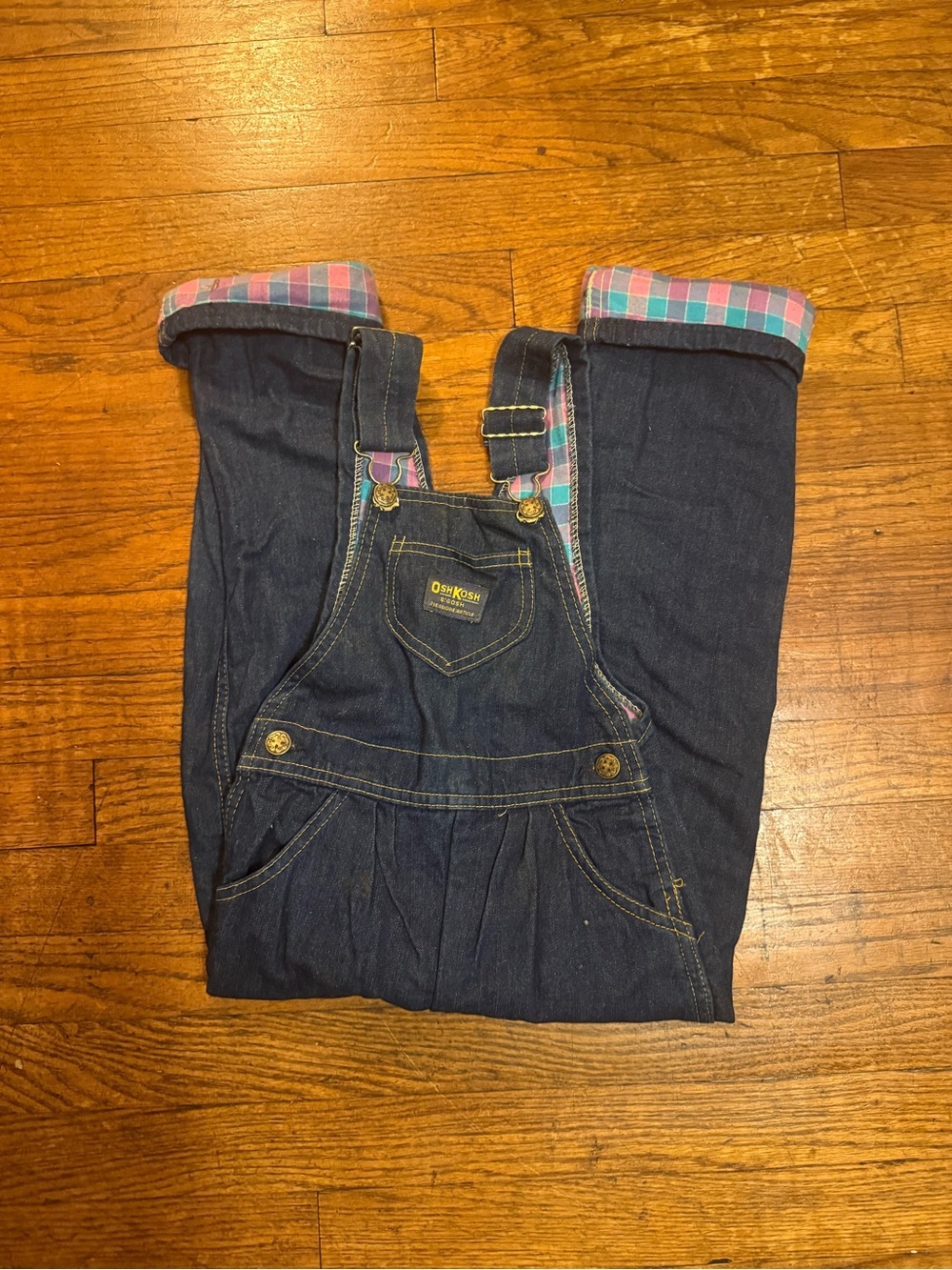 Vintage OshKosh B'gosh Denim Overalls with Pink & Teal Plaid Trim - Kids